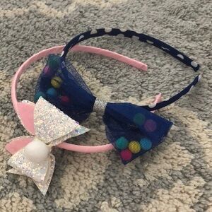 Set of 2 bow style headbands blue with pom poms, pink and glitter, bunny